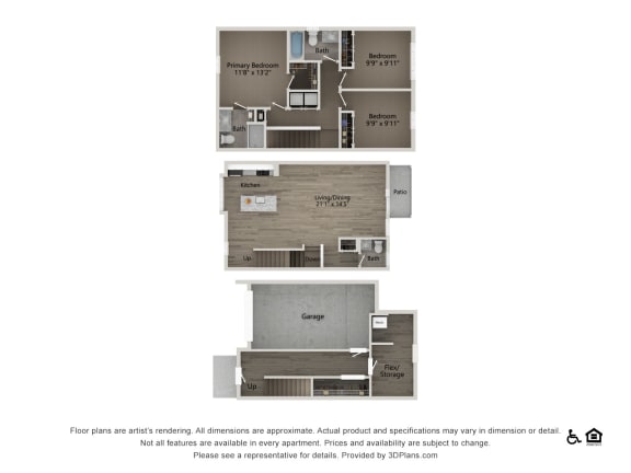 2D floorplan of The Cary 3 bedroom 2.5 bathroom townhome