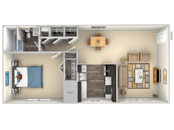 720 SF 1 bedroom 1 bath furnished floor plan  at Dulles Glen, Virginia, 20170