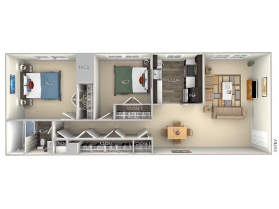 830 Square-Feet 2 bedroom 1 bath furnished floor plan at Dulles Glen, Herndon, VA