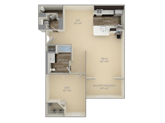 A floor plan of a hotel room with a double bed, a desk, and a sofa.