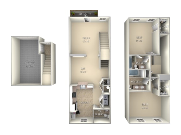 1480 SF Boca Grande Unfurnished 2 Bed 2.5 Bath Floor Plan at Northlake Park, Orlando