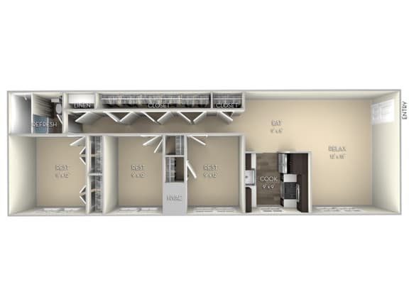 1035 SF 3 Bedroom Floor Plan at Dulles Glen, Herndon