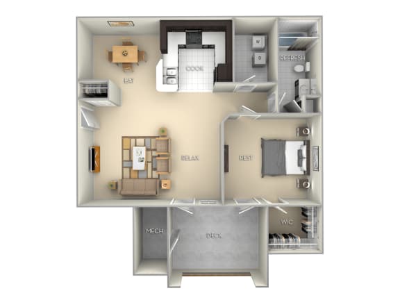 1 bedroom 1 bath furnished floor plan at Village on the Lake Apartments, Spring Lake