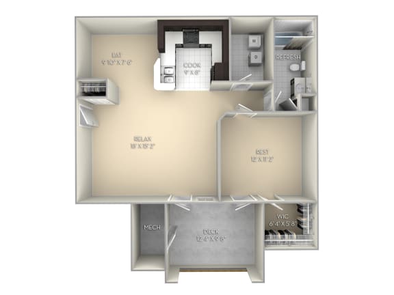 1 bedroom 1 bath unfurnished floor plan  at Village on the Lake Apartments, North Carolina