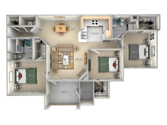 3 bedroom 2 bath furnished floor plan at Village on the Lake Apartments, North Carolina