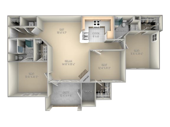 3 bedroom 2 bath unfurnished floor plan A