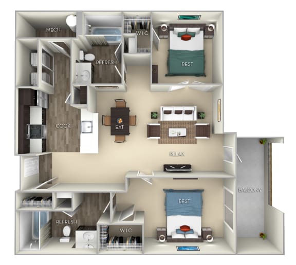 Belmont Kensington Place 2 bedroom 2 baths furnished floor plan apartment in Woodbridge VA at Kensington Place, Woodbridge