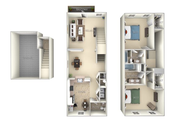 1480 SF Boca Grande furnished 2 Bed 2.5 Bath Floor Plan at Northlake Park, Orlando