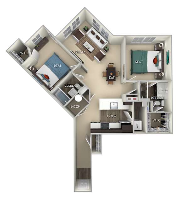 Cavalier Kensington Place 2 bedrooms 2 baths furnished floor plan apartment in Woodbridge VA at Kensington Place, Virginia, 22191