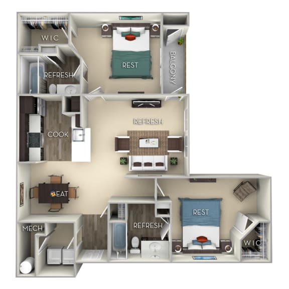 Colonial Kensington Place 2 bedrooms 2 baths furnished floor plan apartment in Woodbridge VA at Kensington Place, Virginia