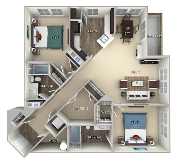 Cornell Kensington Place 2 bedrooms 2 baths furnished floor plan apartment in Woodbridge VAat Kensington Place, Woodbridge, VA