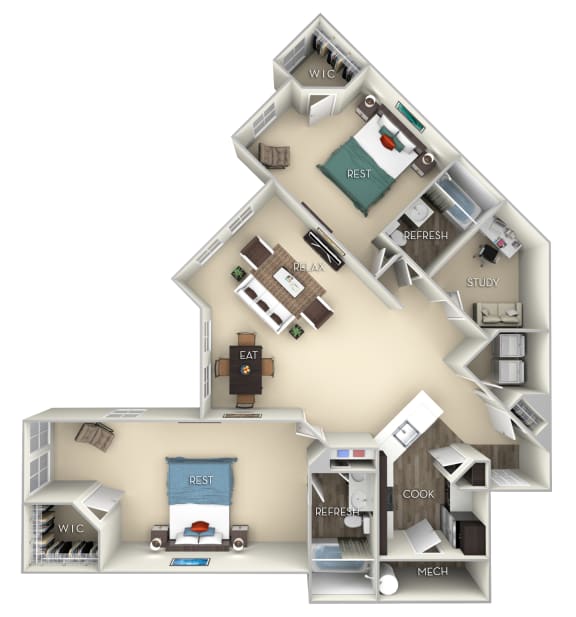 Floor Plan  Monarch Kensington Place 2 bedrooms 2 baths furnished floor plan apartment A at Kensington Place, Woodbridge, Virginia