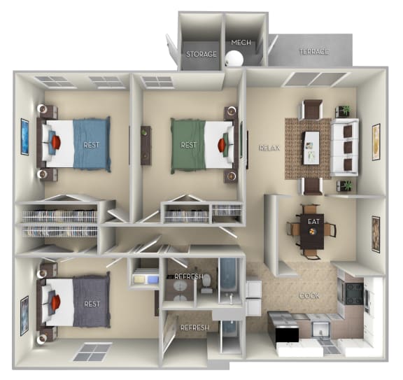 Floor Plan  Ashton Fairfax Square 3 bedroom 2 bath furnished floor plan apartment in Fairfax VA at Fairfax Square, Fairfax, VA