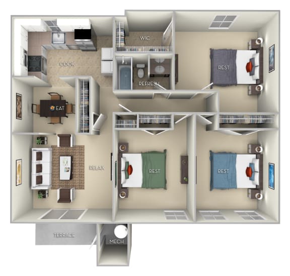Berkley Fairfax Square 2 bedroom 1 bath furnished floor plan apartment in Fairfax VA at Fairfax Square, Fairfax