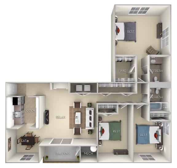 Braddock Fairfax Square 3 bedroom 2 bath furnished floor plan apartment in Fairfax VA at Fairfax Square, Fairfax, Virginia