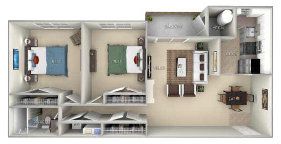 Burke Fairfax Square 2 bedroom 1 bath furnished floor plan apartment in Fairfax VA at Fairfax Square, Fairfax, VA, 22031