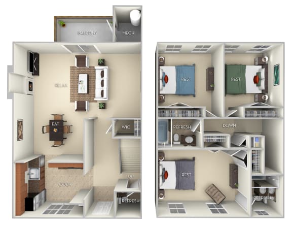 Woodlawn TH Fairfax Square 3 bedroom 2andhalf bath furnished floor plan apartment in Fairfax VA at Fairfax Square, Fairfax, 22031