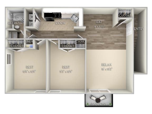 Lakes-Edge-Unfurnished-Two-Bedroom-One-Bath-Floor-Plan &#xA0;at Lakes Edge Apartments, North Carolina, 27409