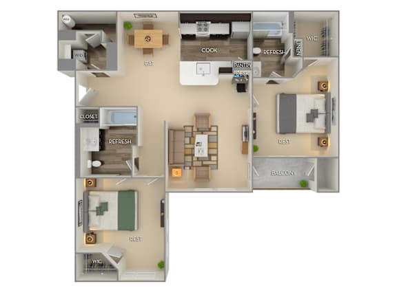 Floor Plan  A 3D rendered image of a house layout with labeled rooms.