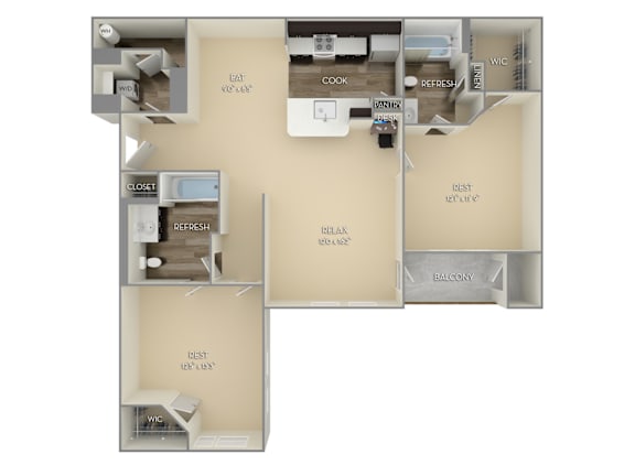 A 3D rendered image of a house layout with labeled rooms.