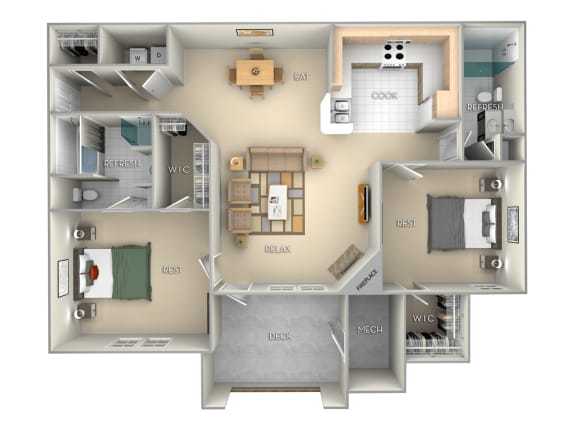 2 bedroom 2 bath furnished floor plan A at Village on the Lake Apartments, North Carolina