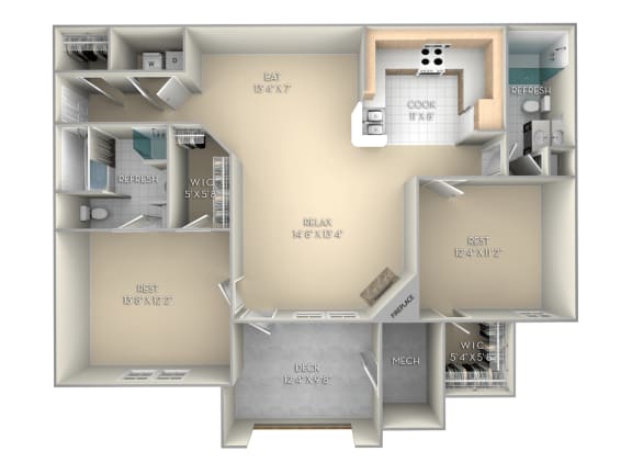 2 bedroom 2 bath unfurnished floor plan B at Village on the Lake Apartments, North Carolina, 28390