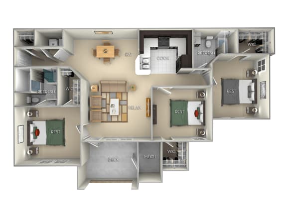 2 bedroom 2 bath furnished floor plan G at Village on the Lake Apartments, Apartments, Spring Lake, NC
