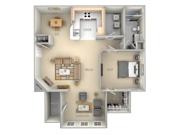 1 bedroom 1 bath furnished floor plan A at Village on the Lake Apartments, North Carolina, 28390