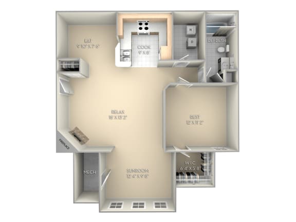 1 bedroom 1 bath unfurnished floor plan A  at Village on the Lake Apartments, Spring Lake, NC, 28390