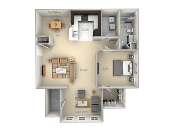 1 bedroom 1 bath furnished floor plan C at Village on the Lake Apartments, Spring Lake, North Carolina
