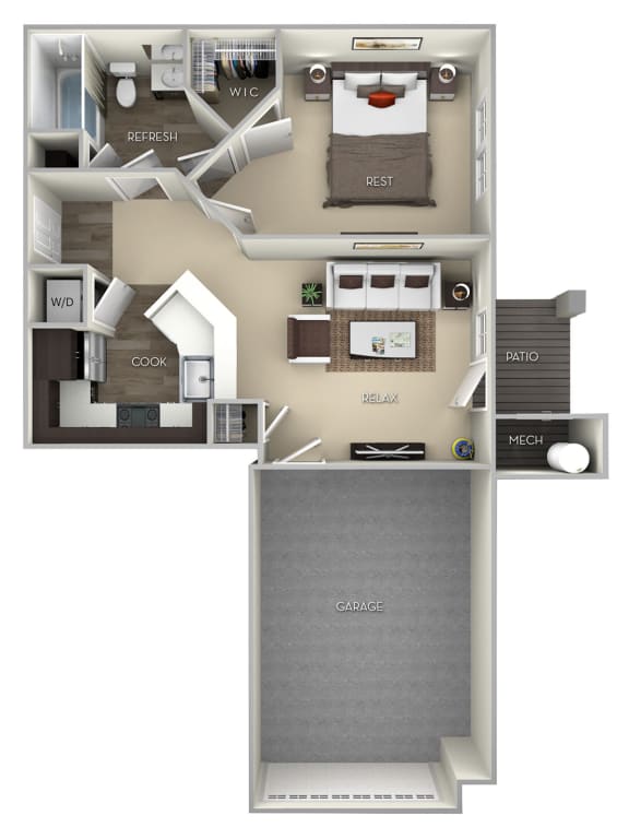 The Oak Broadlands 1 bedroom 1 bath furnished floor plan at Broadlands, Virginia, 20148