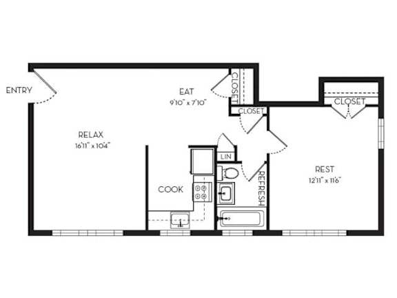 1 Bed 1 Bath Floor Plan at Park Georgetown Apartments, Arlington