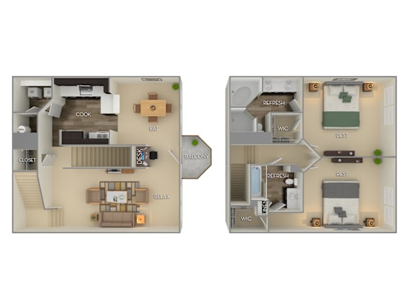 Floor Plan  A floor plan of a house with two bedrooms, a living room, a kitchen, and a bathroom.