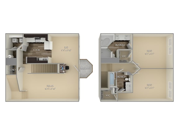 A floor plan of a two-bedroom apartment with a kitchen and bathroom.