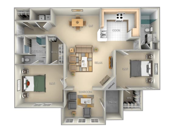 2 bedroom 2 bath furnished floor plan C at Village on the Lake Apartments, Spring Lake, NC, 28390