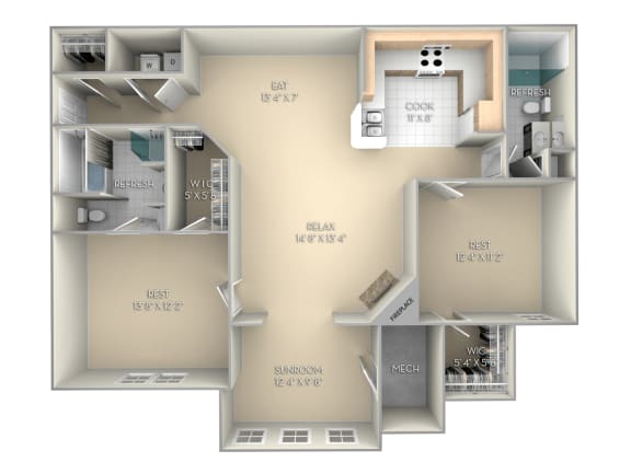 2 bedroom 2 bath unfurnished floor plan C at Village on the Lake Apartments, Apartments, Spring Lake, NC