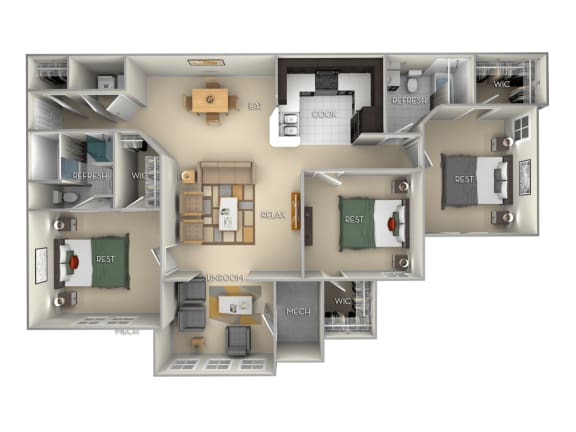 3 bedroom 2 bath furnished floor plan C at Village on the Lake Apartments, Spring Lake, North Carolina