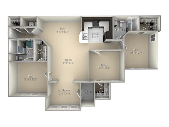 3 bedroom 2 bath unfurnished floor plan D at Village on the Lake Apartments, Spring Lake