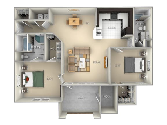 2 bedroom 2 bath furnished floor plan  D at Village on the Lake Apartments, Spring Lake, 28390