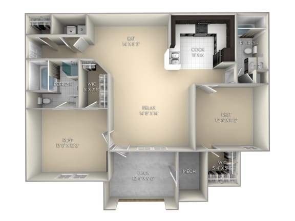 2 bedroom 2 bath unfurnished floor plan E at Village on the Lake Apartments, Spring Lake, North Carolina