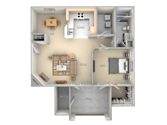1 bedroom 1 bath furnished floor plan B at Village on the Lake Apartments, Apartments, Spring Lake, NC