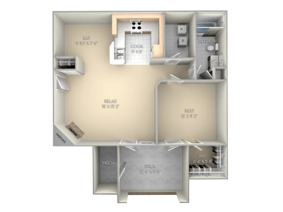 1 bedroom 1 bath unfurnished floor plan B at Village on the Lake Apartments, Spring Lake, 28390