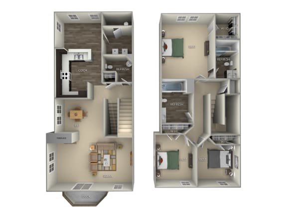 Spruce Town Home Woodland Park 3 bedroom 2.5 bath furnished floor plan apartment in Herndon VA
