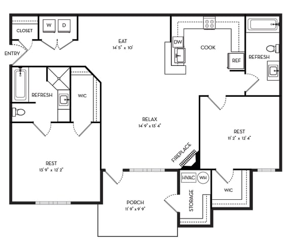 1116 Square-Feet 2 Bedrooms B and 2 Bathrooms Floor Plans at Stone Gate Apartments, Spring Lake