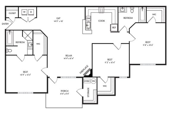 1349 Square-Feet 3 Bedrooms and 2 Bathrooms A Floor Plans at Stone Gate Apartments, North Carolina, 28390