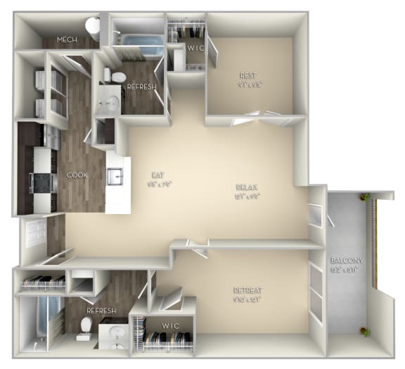Belmont Kensington Place 2 bedroom 2 baths unfurnished floor plan apartment in Woodbridge VA at Kensington Place, Woodbridge, Virginia