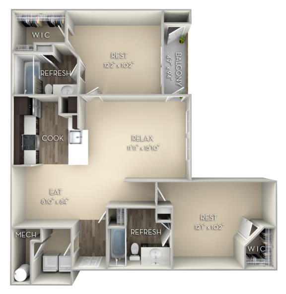 Colonial Kensington Place 2 bedrooms 2 baths unfurnished floor plan apartment in Woodbridge VA at Kensington Place, Woodbridge