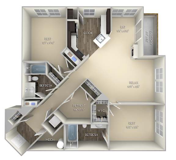 Cornell Kensington Place 2 bedrooms 2 baths unfurnished floor plan apartment in Woodbridge VAat Kensington Place, Woodbridge, VA, 22191