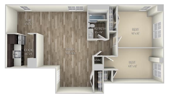 Howard 2 Bedroom 1 Bathroom Floor Plan at Columbia Uptown, Washington, DC