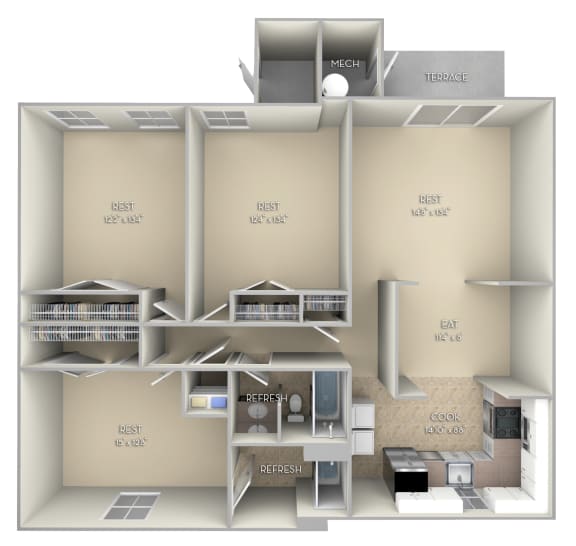 Ashton Fairfax Square 3 bedroom 2 bath unfurnished floor plan apartment in Fairfax VA at Fairfax Square, Fairfax, Virginia